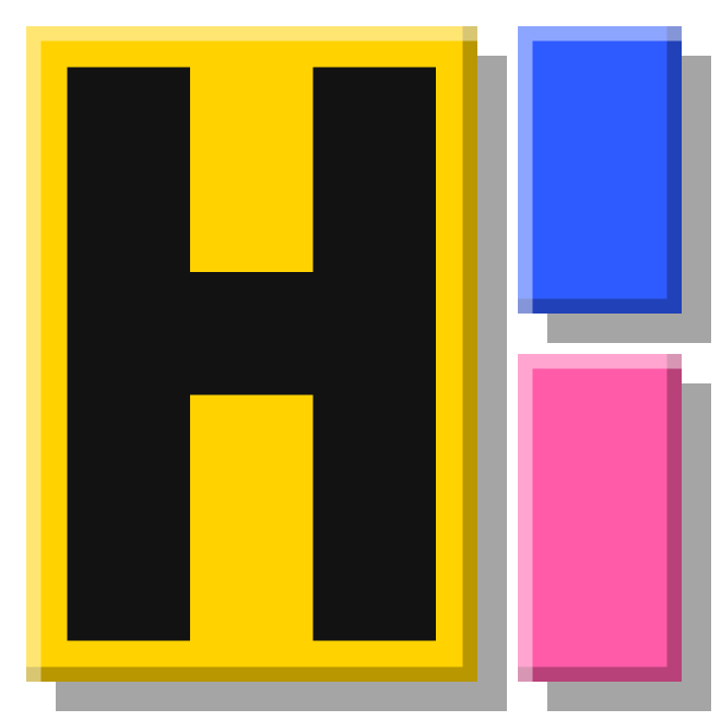 Logo: gelbes H mit blauem und pinkem Block